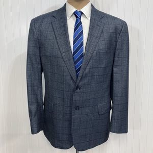 JOS A BANK Blazer Mens 46 Navy Blue Plaid Windowpane Sport Coat Wool Jacket 46R